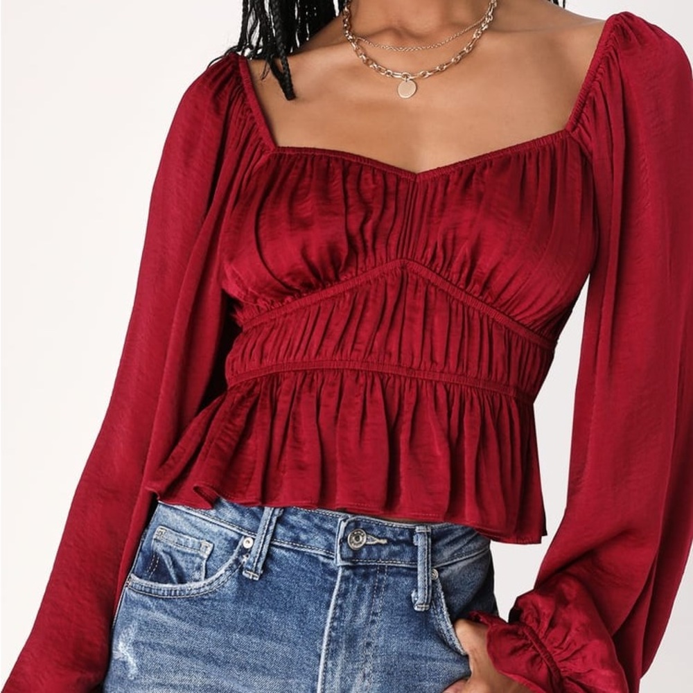 NWT Lulus Wine Red Satin Ruched Long Sleeve Top